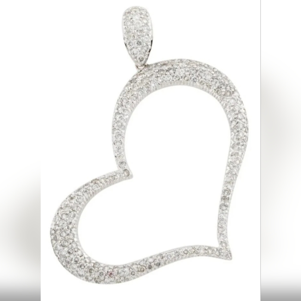 18k White Gold Diamond Pendant 2ctw Heart Pave Set Solid Gold Natural Large